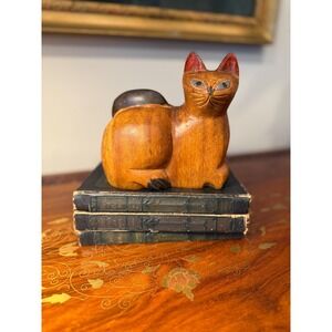 Vintage Hand Carved Wooden Cat Folk Art Sculpture